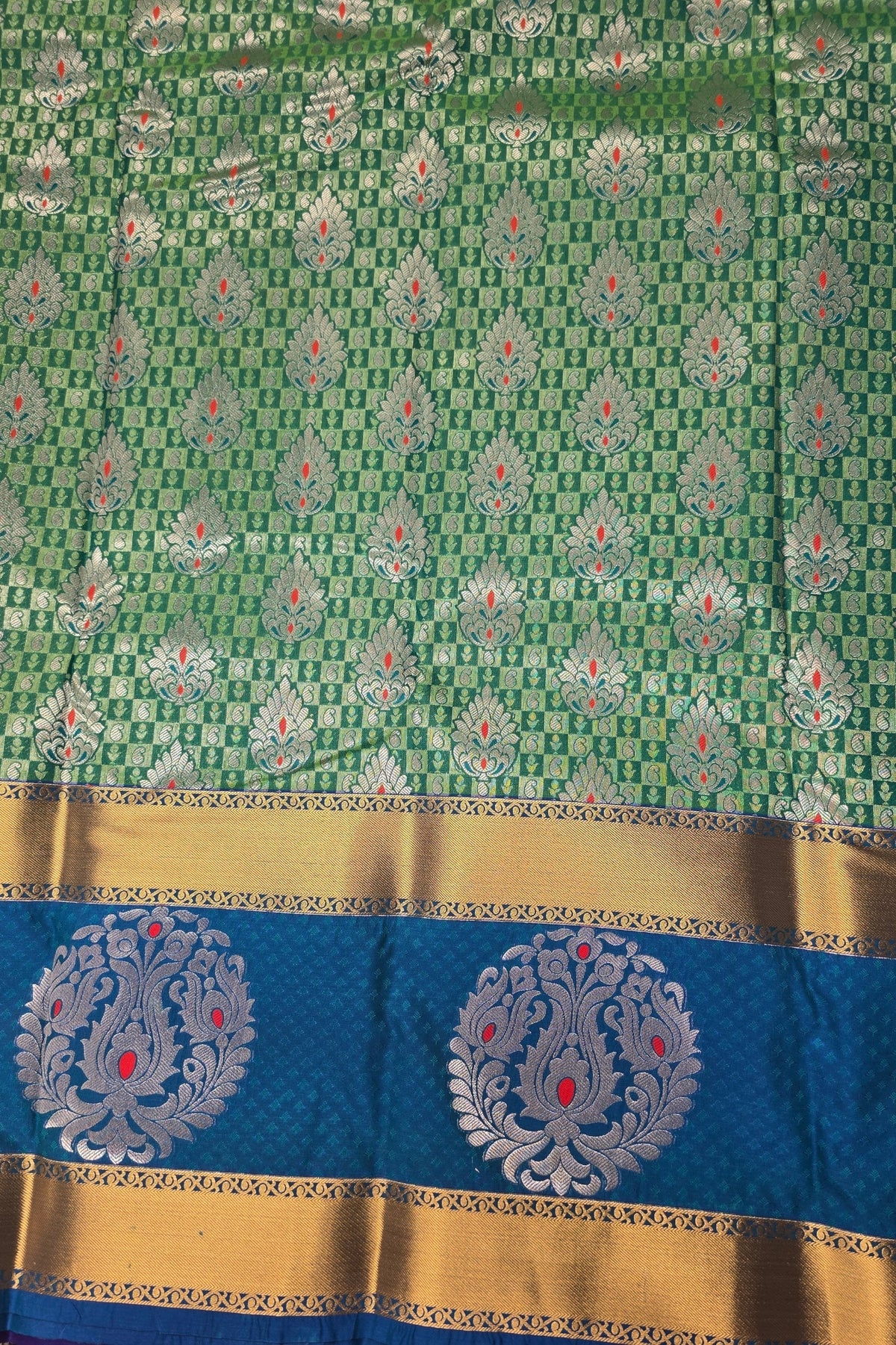 Olive Green Patterned Semi Silk Saree with Blue and Gold Border