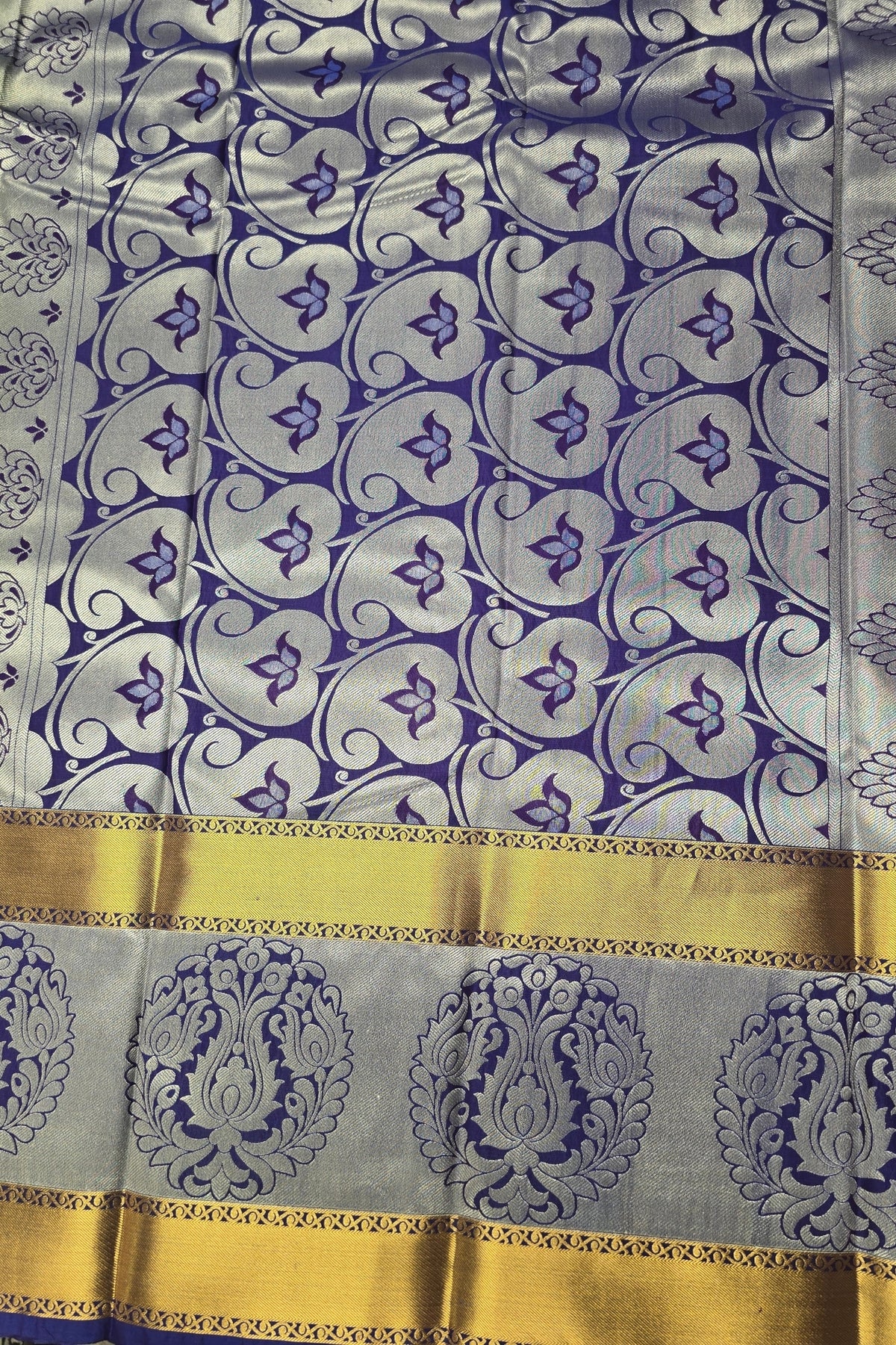 Olive Green Patterned Semi Silk Saree with Blue and Gold Border