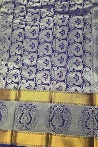 Olive Green Patterned Semi Silk Saree with Blue and Gold Border