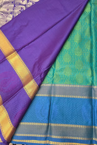 Olive Green Patterned Semi Silk Saree with Blue and Gold Border