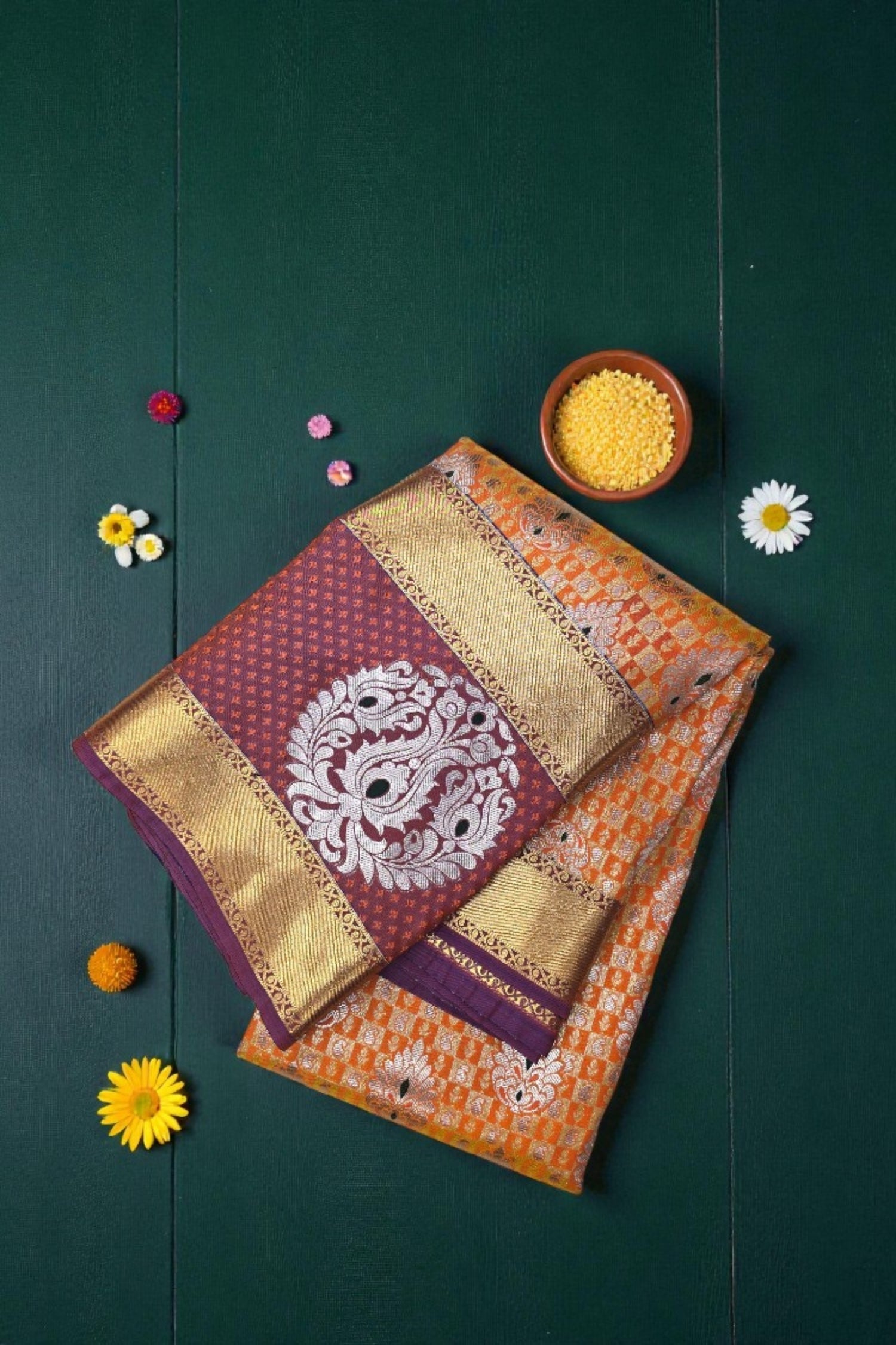 Orange Patterned Semi Silk Saree with Brown and Gold Border