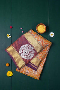 Orange Patterned Semi Silk Saree with Brown and Gold Border