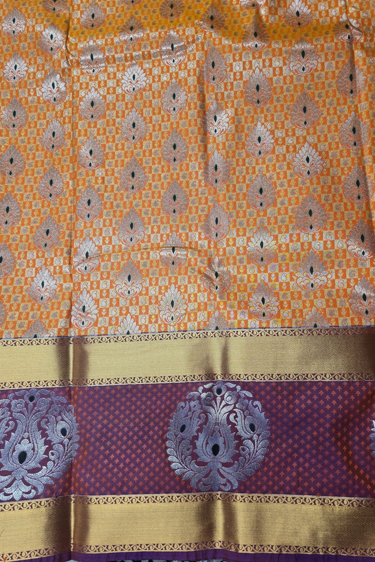 Orange Patterned Semi Silk Saree with Brown and Gold Border