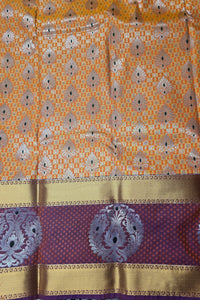 Orange Patterned Semi Silk Saree with Brown and Gold Border