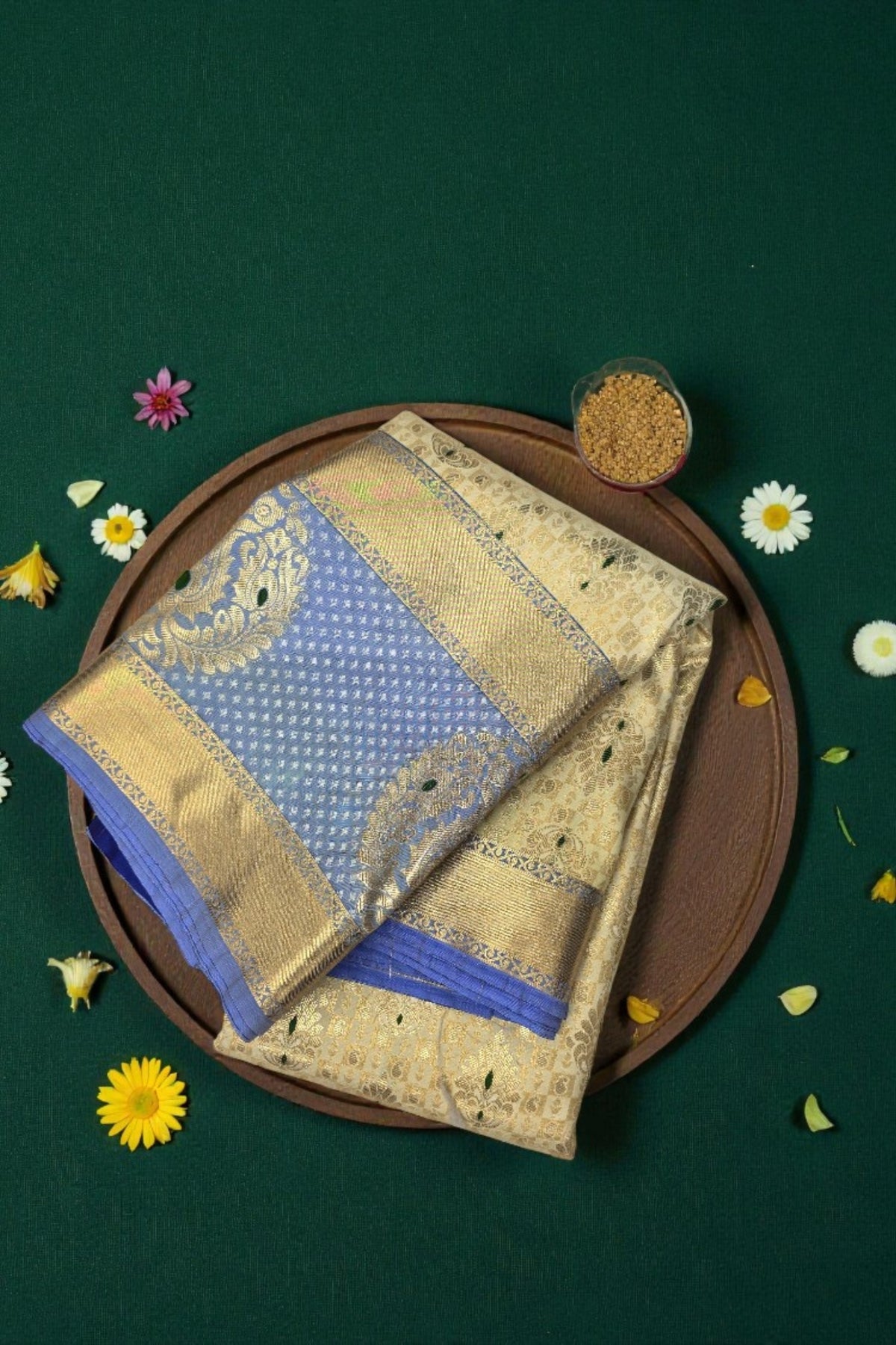 Beige  Semi Silk Saree with Blue Pallu