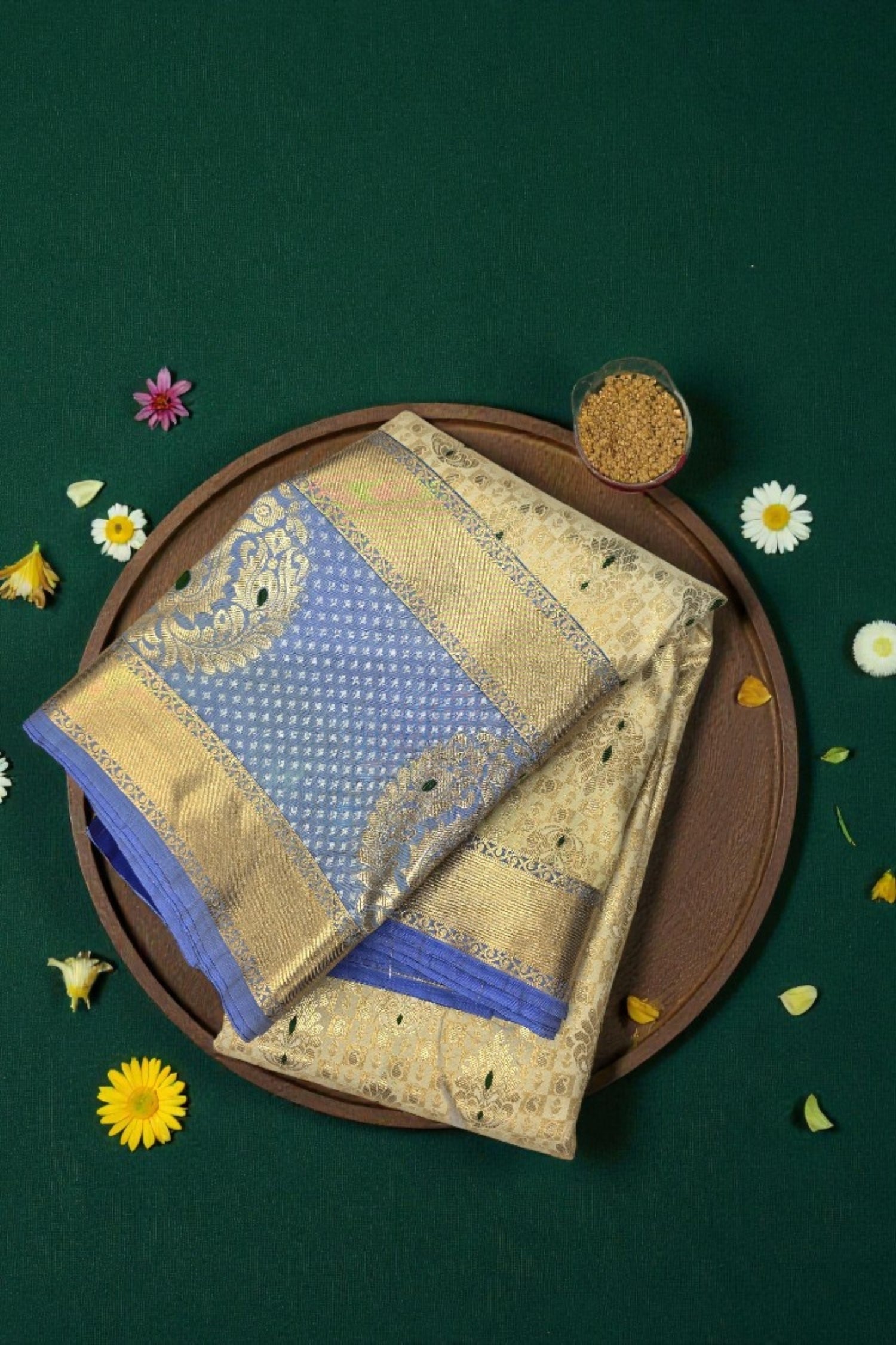 Beige  Semi Silk Saree with Blue Pallu