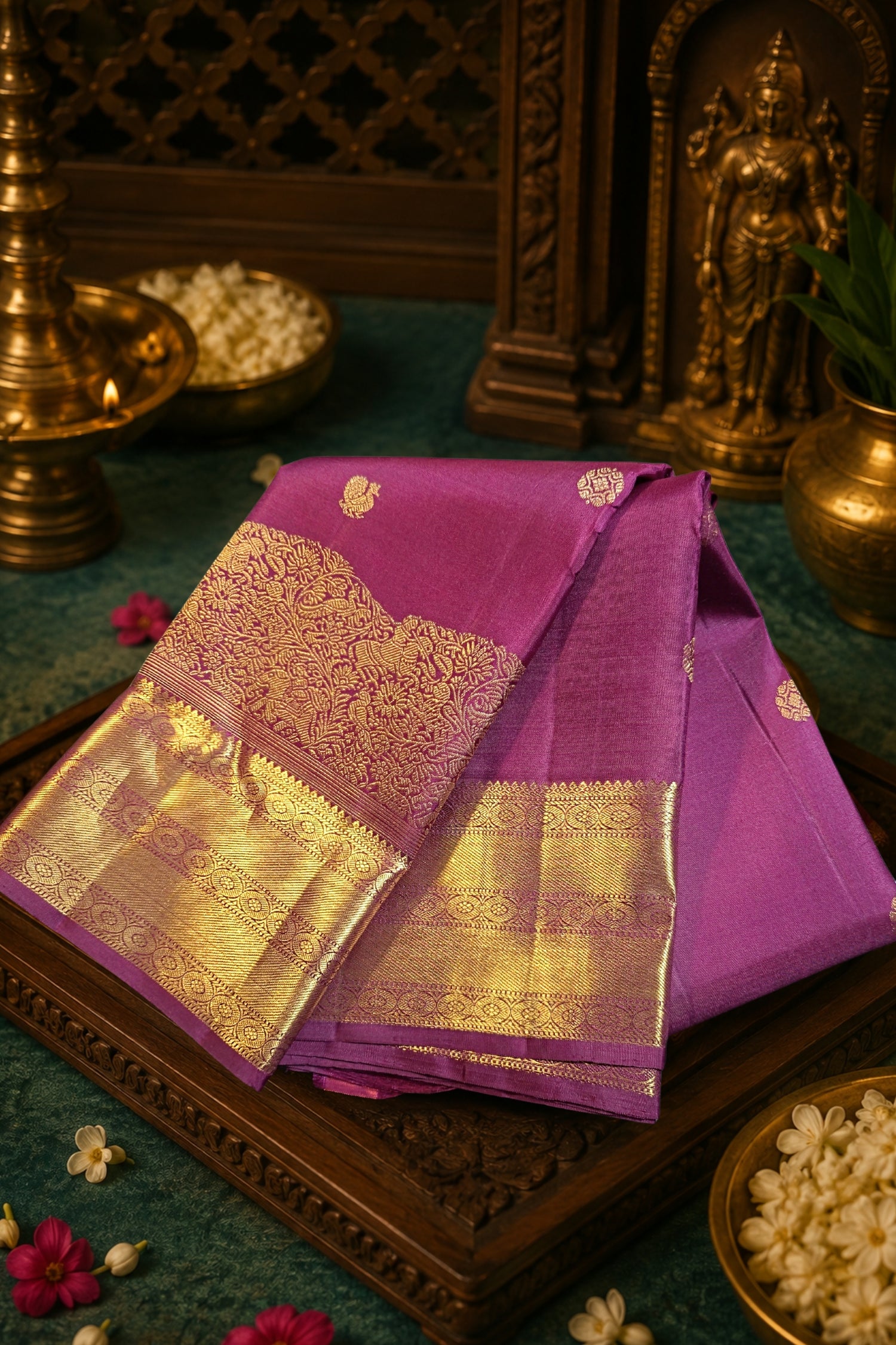 Purple silk saree with gold embroidery displayed elegantly on a wooden platter, perfect for weddings and festivities.