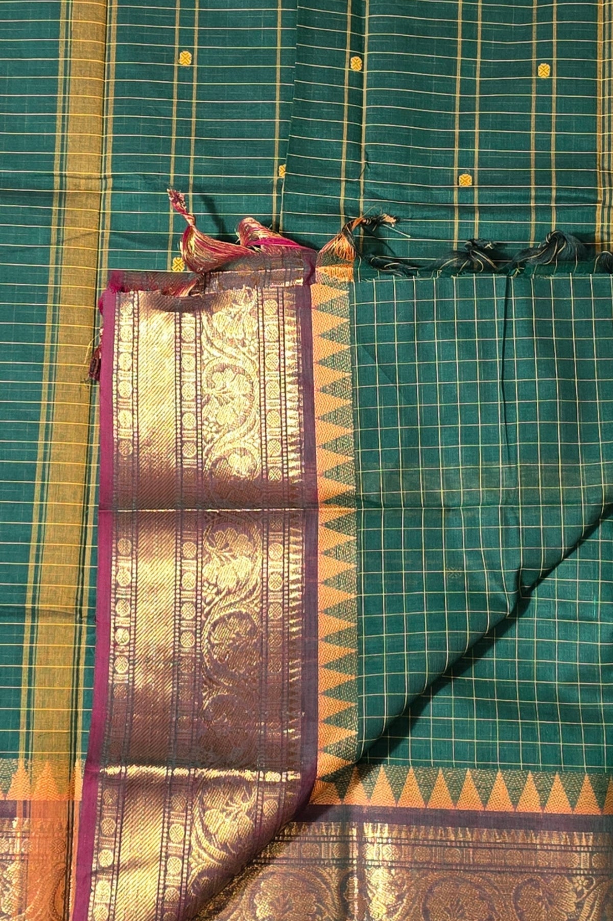 Classic Dark Green Cotton Saree with Maroon Border
