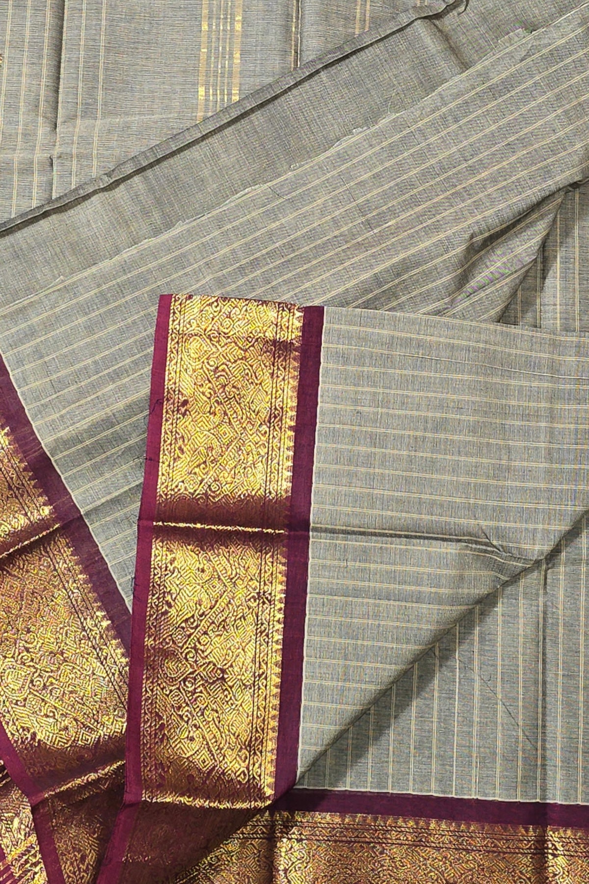 Elegant Grey Stripes Cotton Saree with Brown Border
