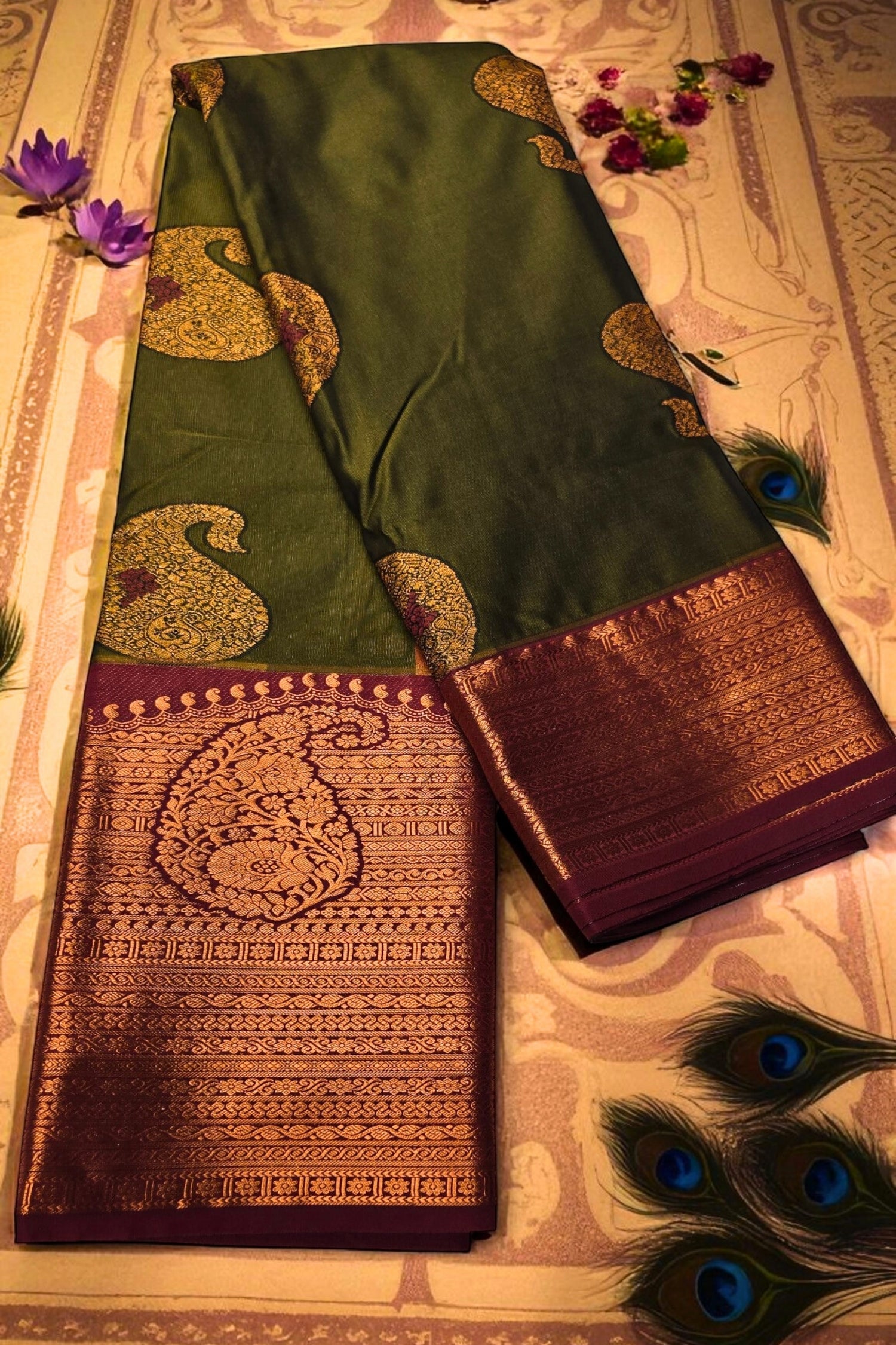 Elegant Green Semi Kanchi Silk Saree with Royal Purple Border