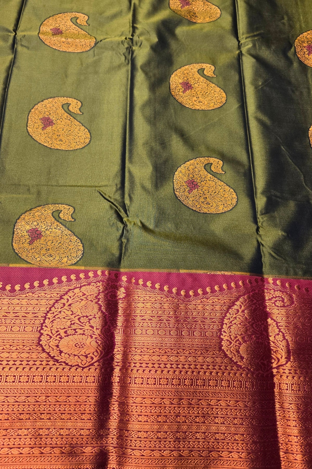 Elegant Green Semi Kanchi Silk Saree with Royal Purple Border