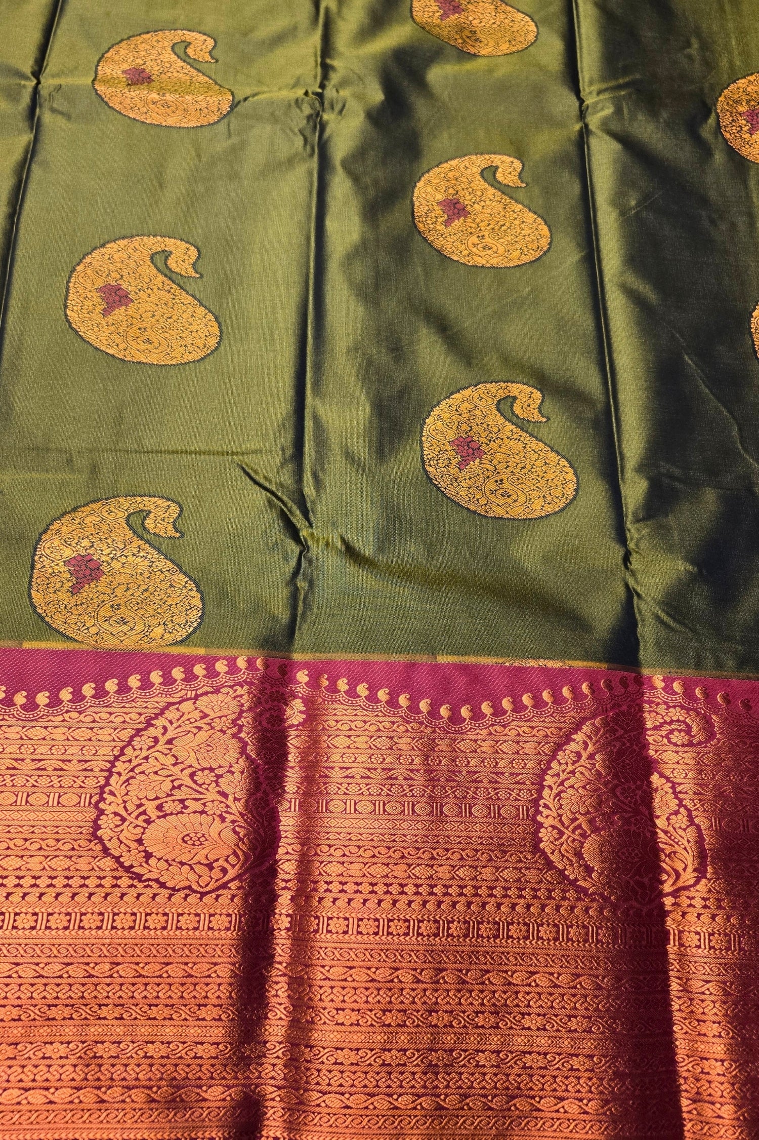 Elegant Green Semi Kanchi Silk Saree with Royal Purple Border