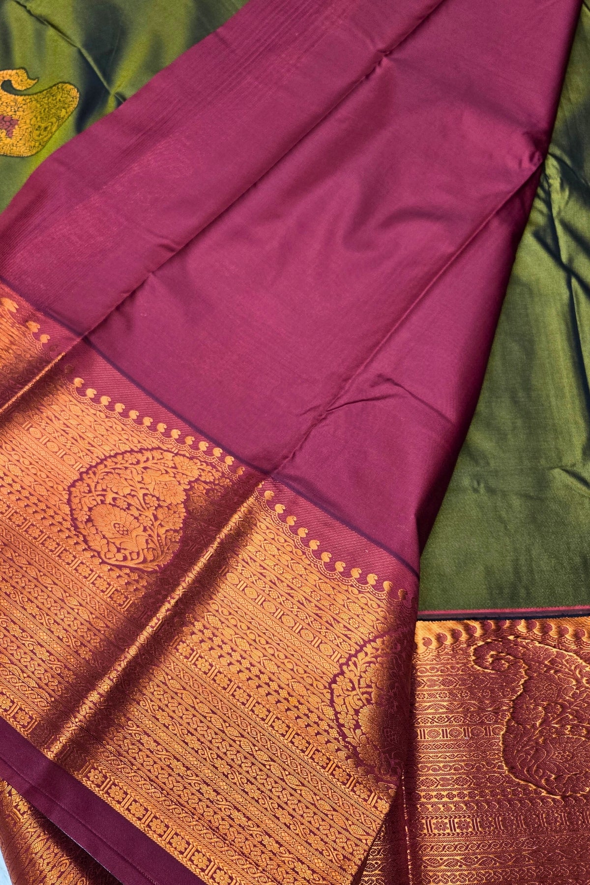 Elegant Green Semi Kanchi Silk Saree with Royal Purple Border