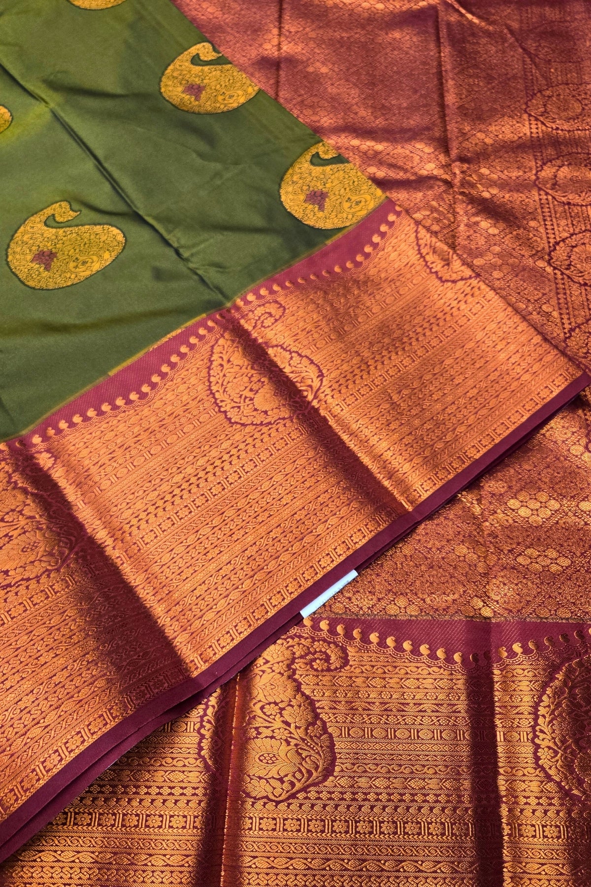 Elegant Green Semi Kanchi Silk Saree with Royal Purple Border