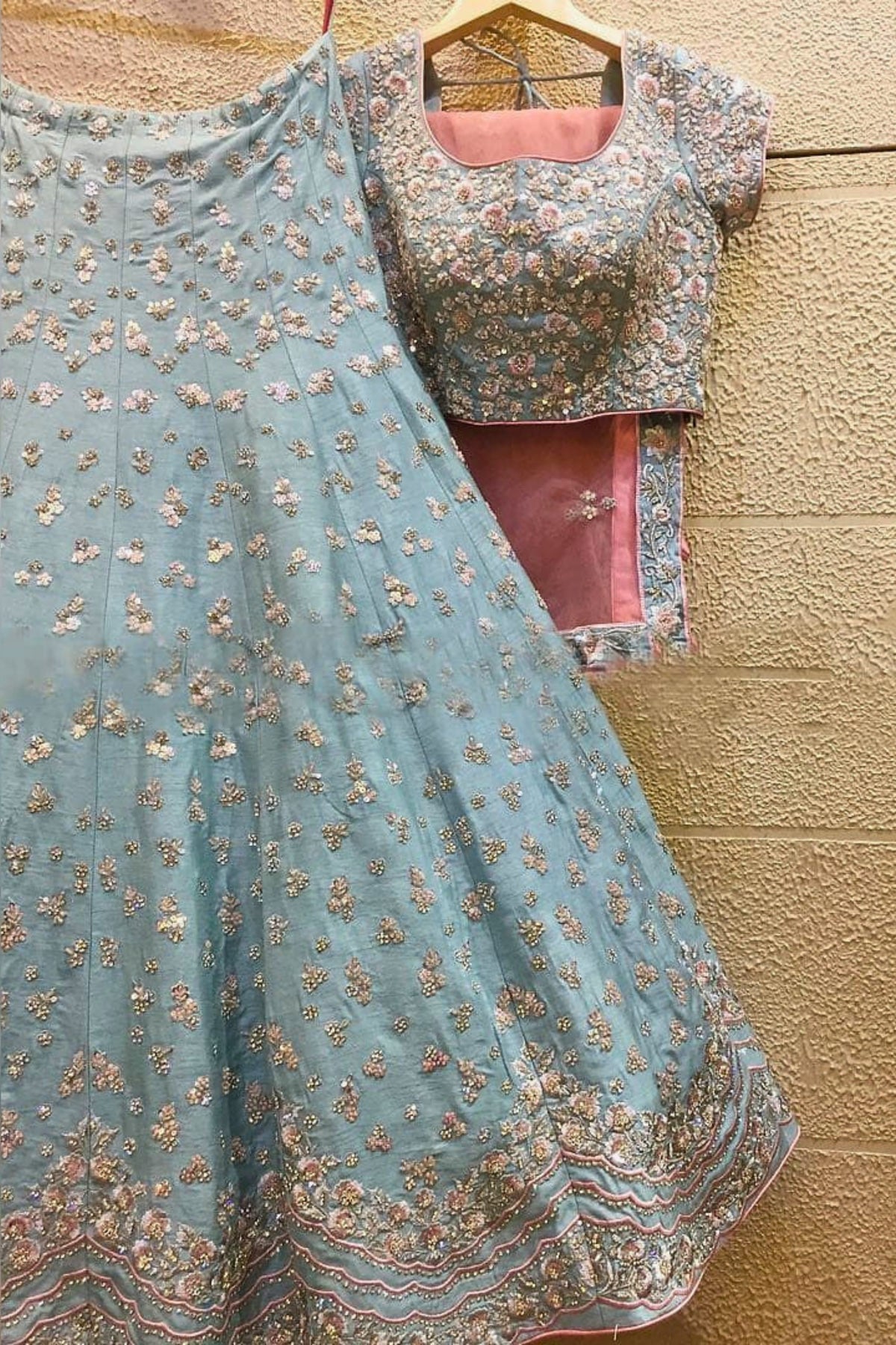 Pastel Blue Pink Embroidered Lehenga