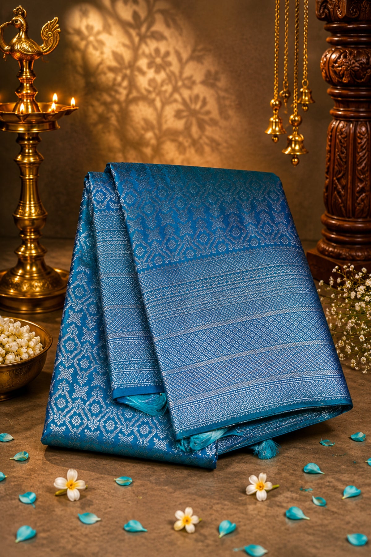 Blue saree with white patterns on a wooden surface with decorative elements