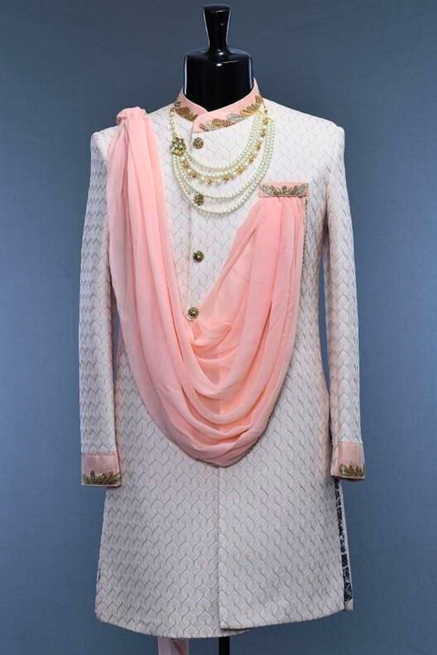 Dark Grey Sherwani with Pink Accents & Intricate Embroidery