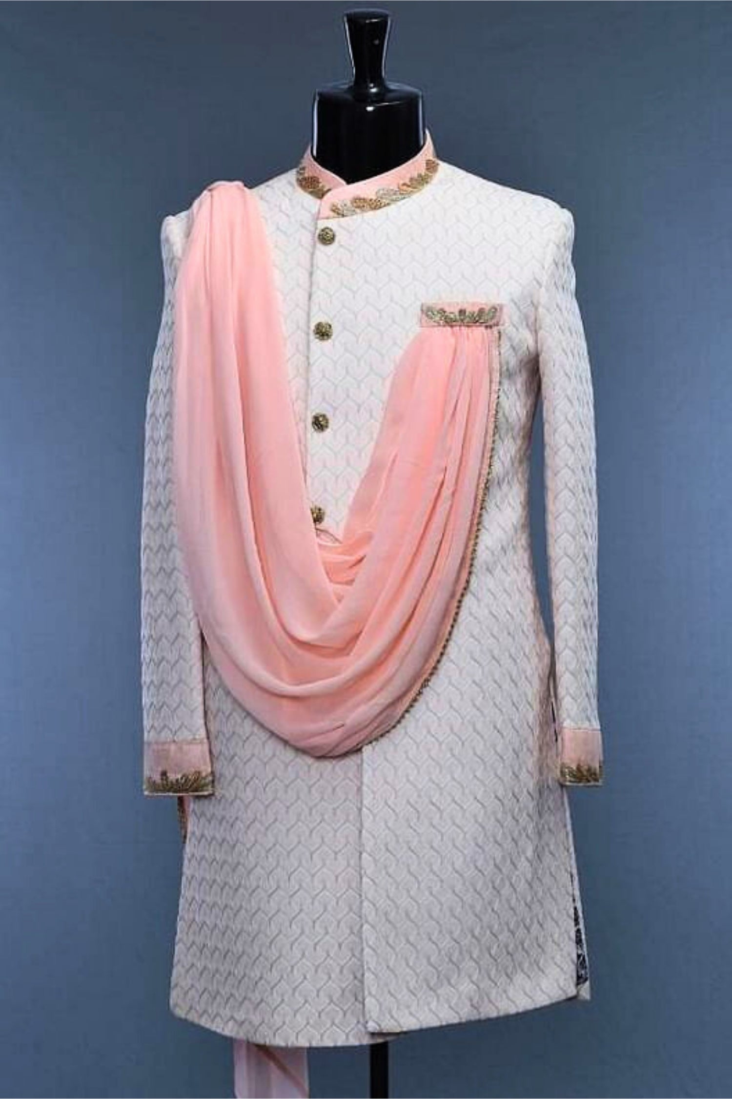 Dark Grey Sherwani with Pink Accents & Intricate Embroidery