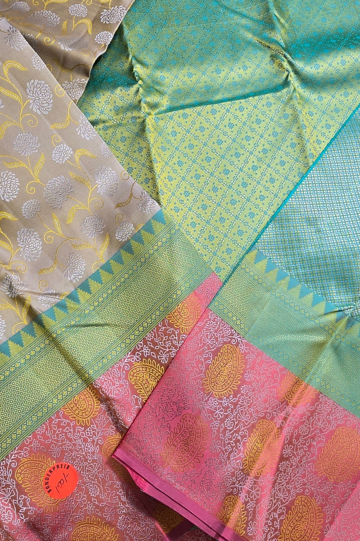 Close-up of colorful fabric with patterns and textures.
