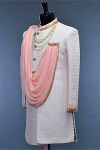 Dark Grey Sherwani with Pink Accents & Intricate Embroidery
