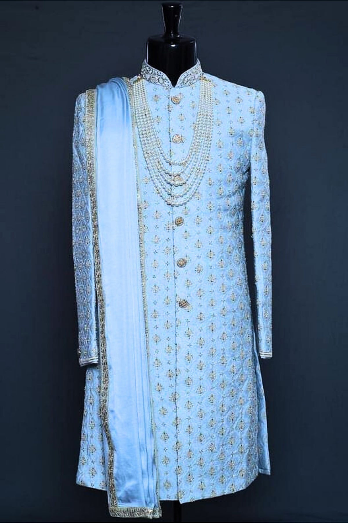 Light Blue Sherwani with Elegant Embroidery & Tailored Detailing