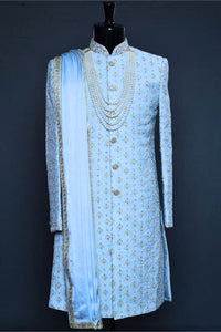 Light Blue Sherwani with Elegant Embroidery & Tailored Detailing