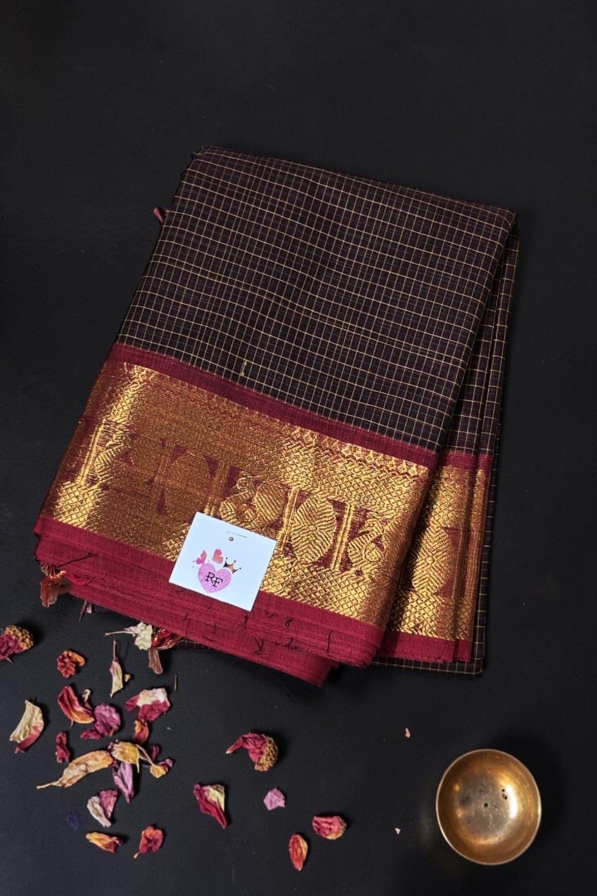 Classic Brown Check Cotton Saree with Gold & Maroon Border