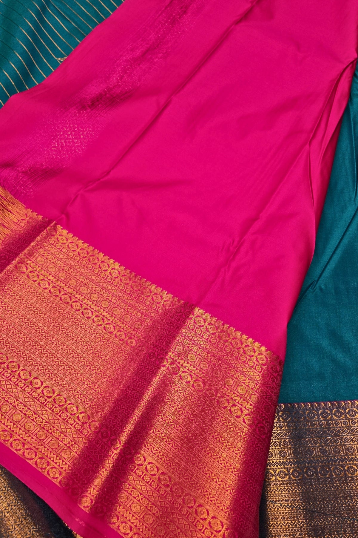 Graceful Light Blue Semi Kanchi Silk Saree with Pink Border