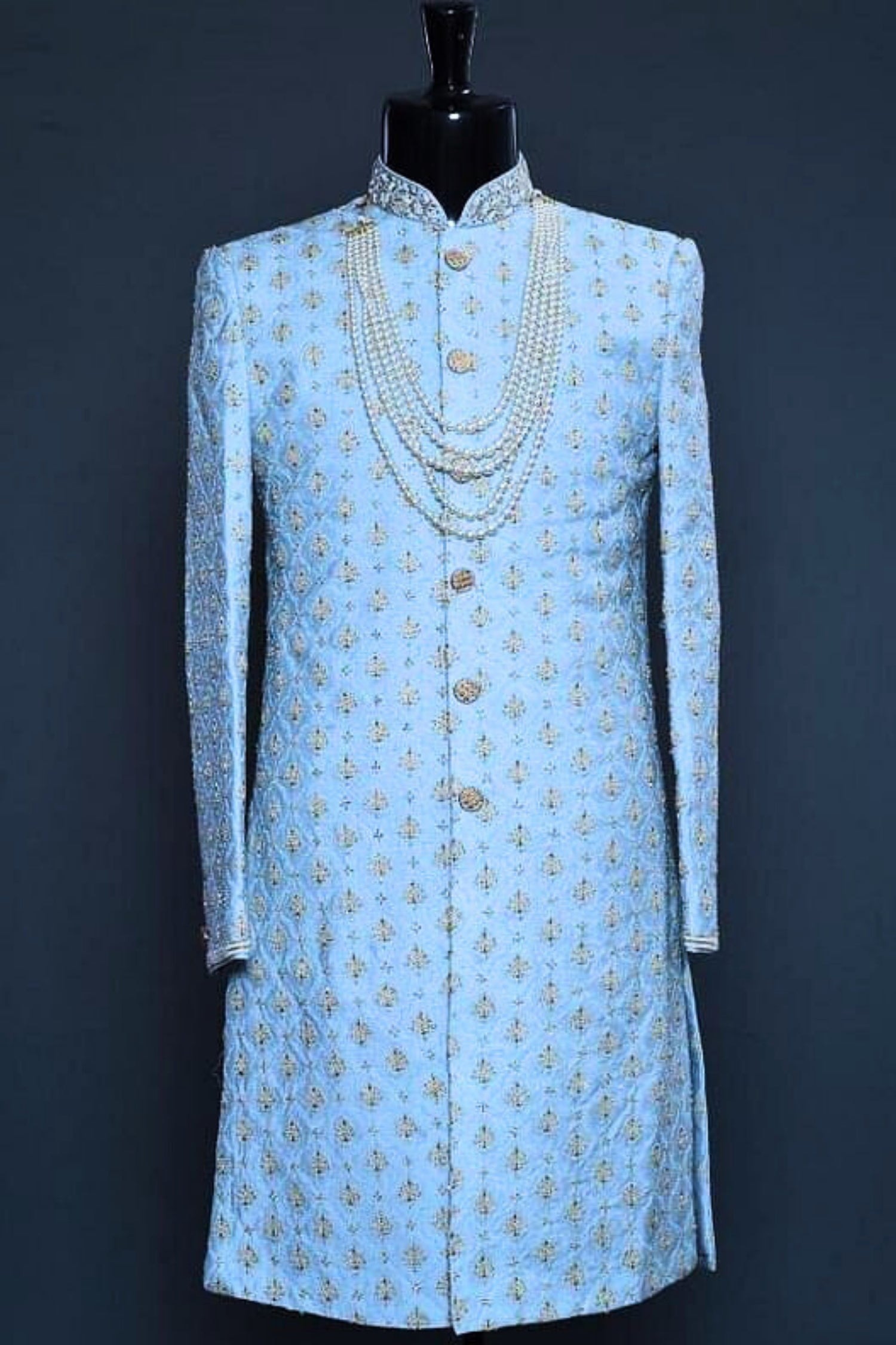 Light Blue Sherwani with Elegant Embroidery & Tailored Detailing