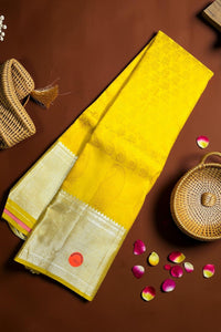 Yellow saree with a white border on a brown background