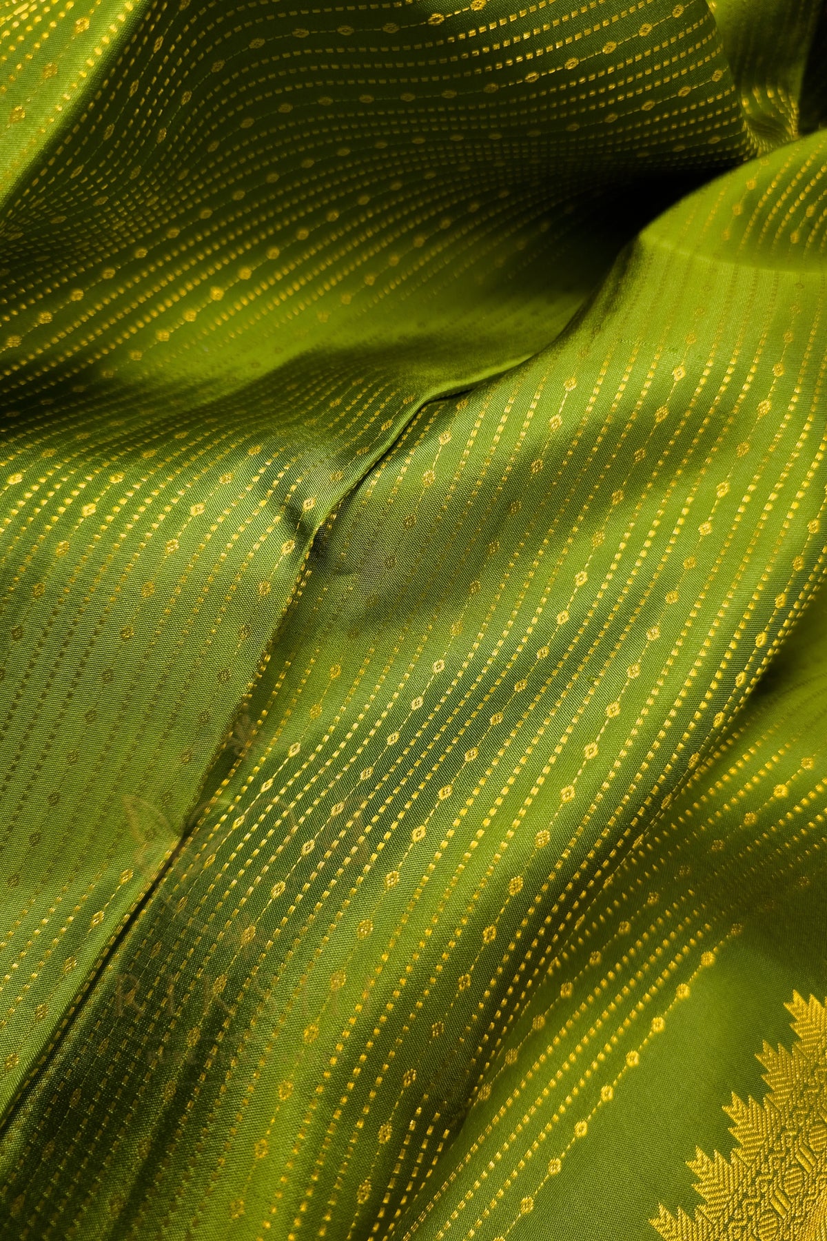 Close-up of a green saree with gold zari border showcasing intricate patterns and luxurious fabric texture.