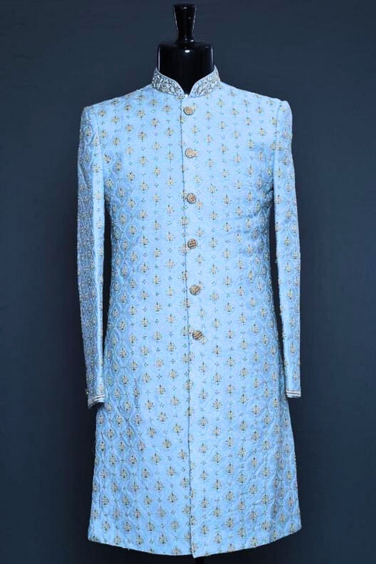 Light Blue Sherwani with Elegant Embroidery & Tailored Detailing