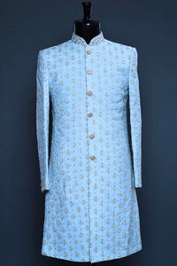 Light Blue Sherwani with Elegant Embroidery & Tailored Detailing