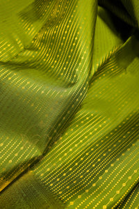 Green saree with gold zari border showcasing intricate designs and luxurious texture.