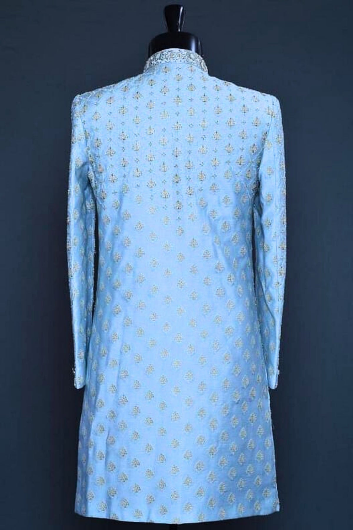 Light Blue Sherwani with Elegant Embroidery & Tailored Detailing