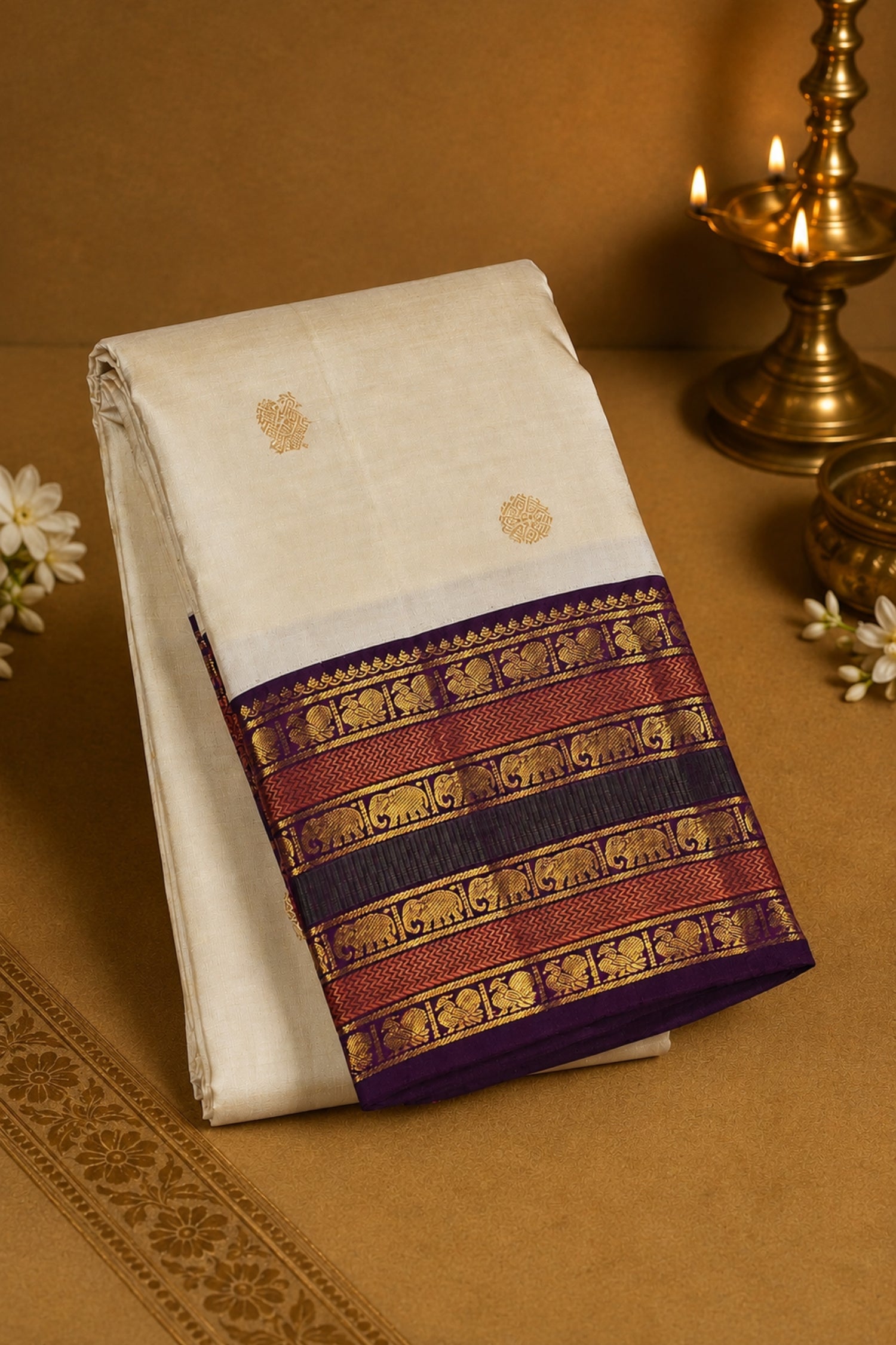 White saree with a colorful border featuring elephants on a brown background