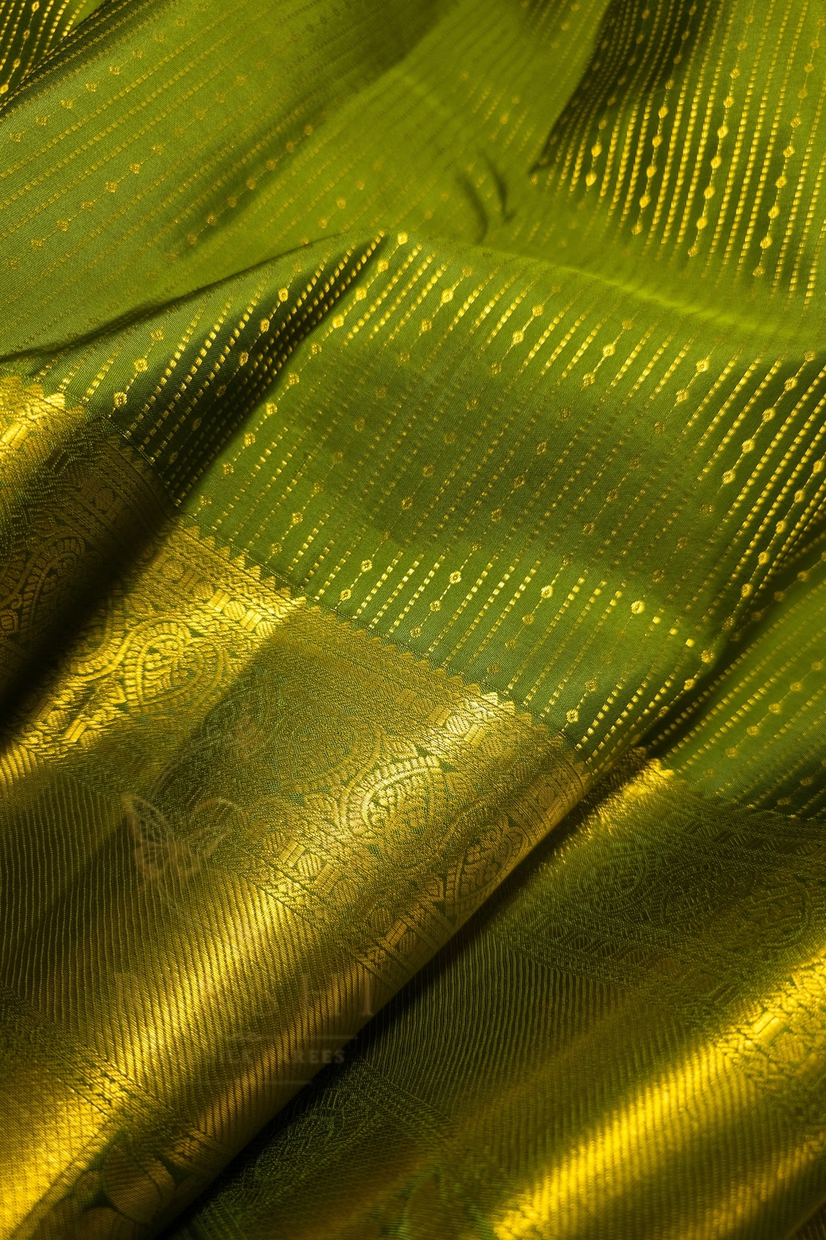 Green saree with gold zari border close-up, showcasing intricate patterns and luxurious texture.