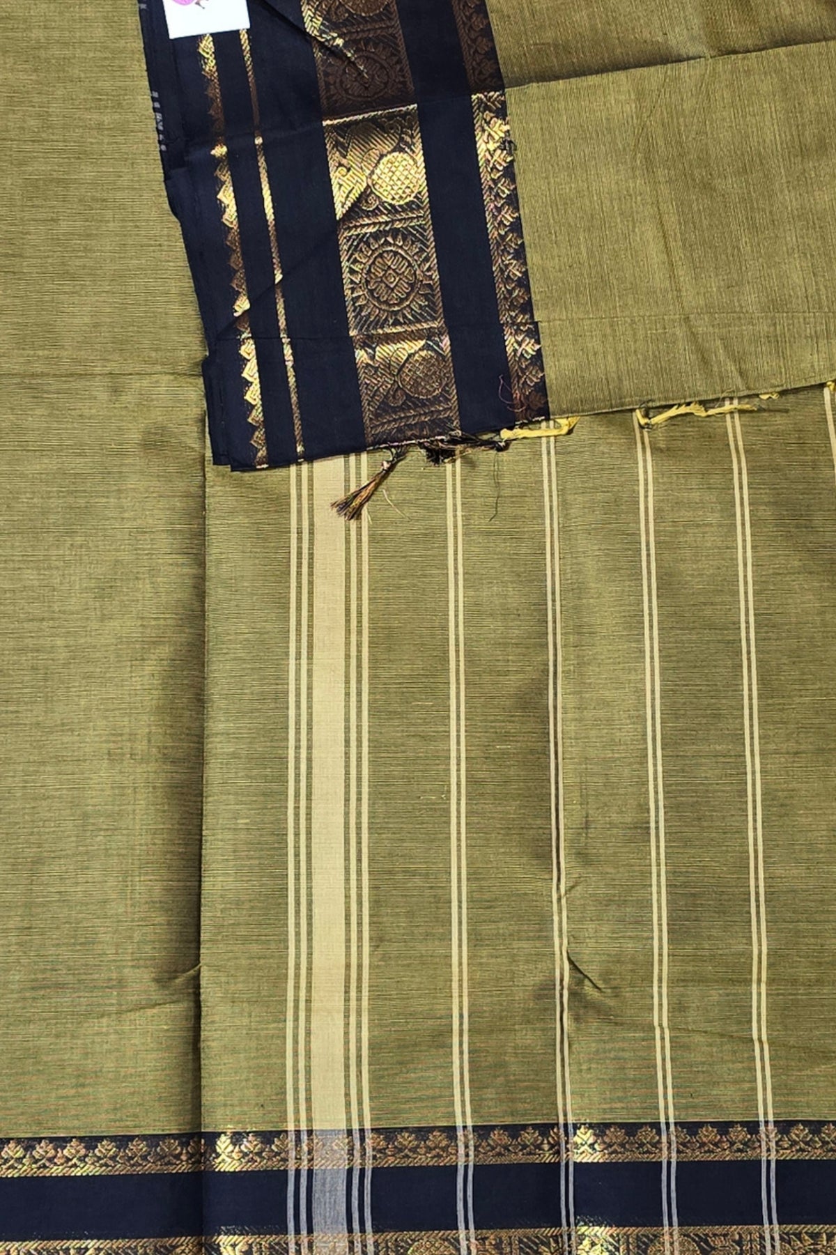 Stylish Army Green Cotton Saree with Black Border