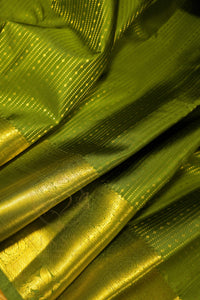 Green saree with gold zari border showcasing rich texture and elegant design.