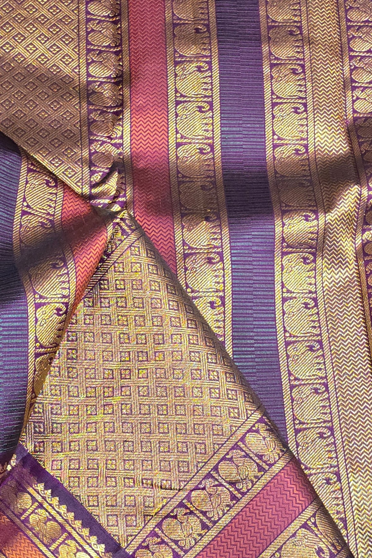 Creamy White Saree with Purple Pallu and Colorful Border