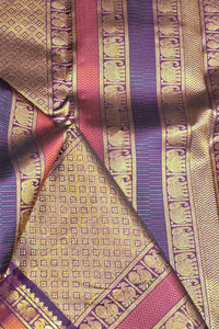 Creamy White Saree with Purple Pallu and Colorful Border
