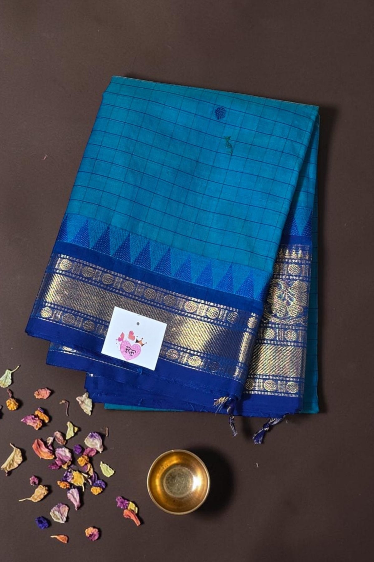 Elegant Light Blue Checked Cotton Saree with Blue Border