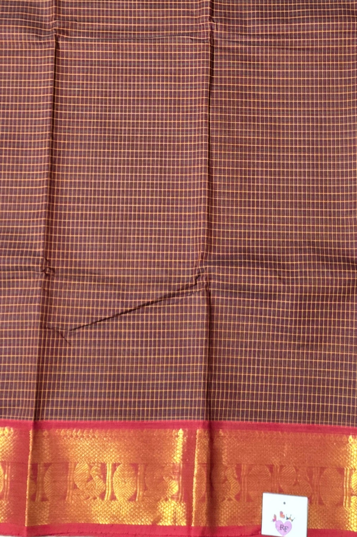 Classic Brown Check Cotton Saree with Gold & Maroon Border