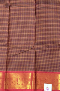 Classic Brown Check Cotton Saree with Gold & Maroon Border