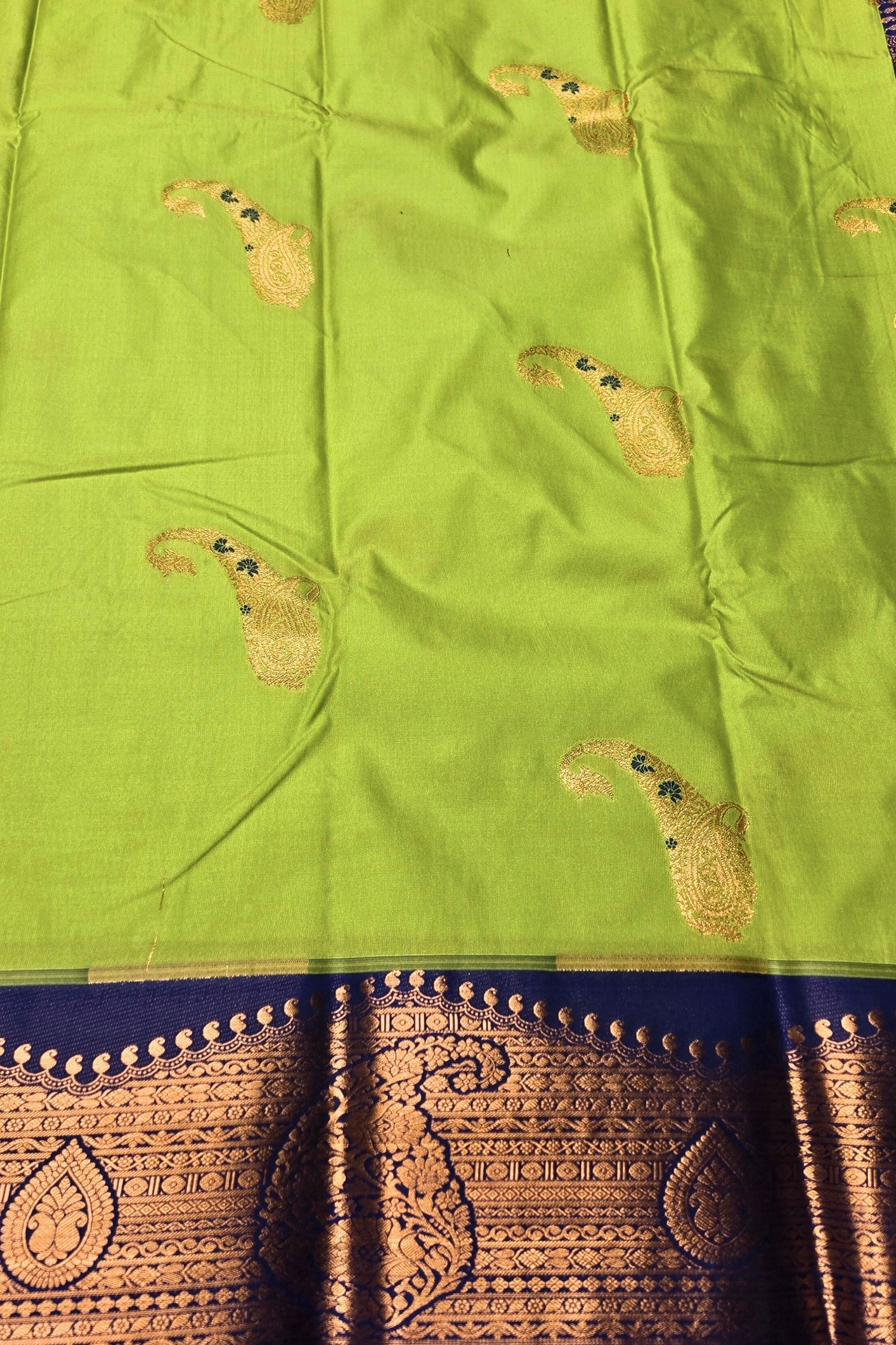 Green saree with gold embroidery and a blue border
