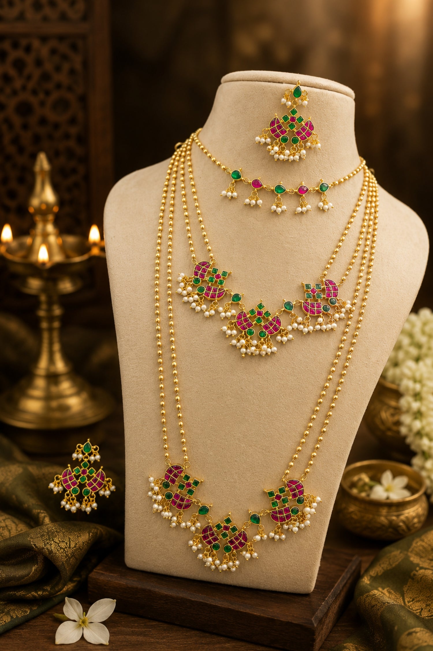 Gold necklace with pink and green gemstones on a mannequin bust with a warm background.