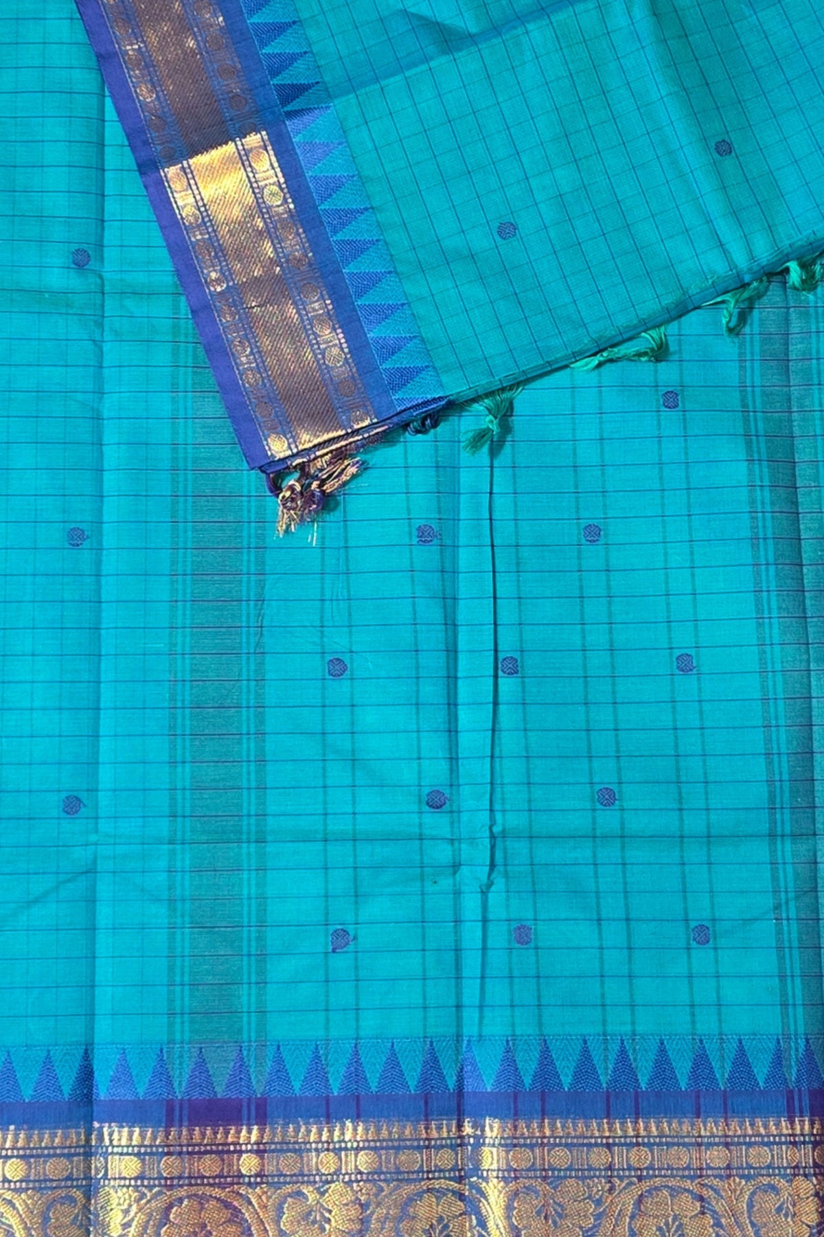 Elegant Light Blue Checked Cotton Saree with Blue Border