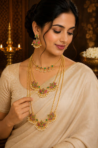 Royal Pink & Green Kundan Jadau Jewellery Combo Set with gold polish and traditional Kundan stones.
