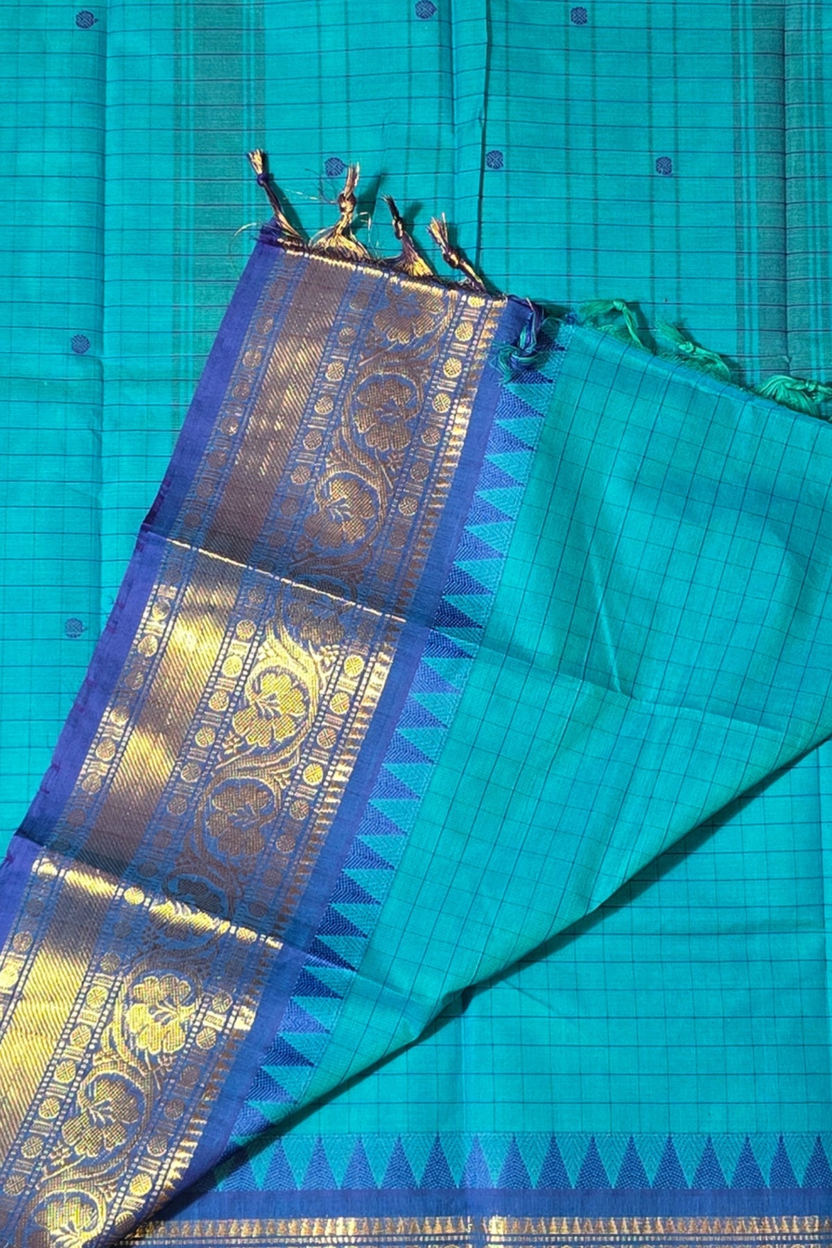 Elegant Light Blue Checked Cotton Saree with Blue Border