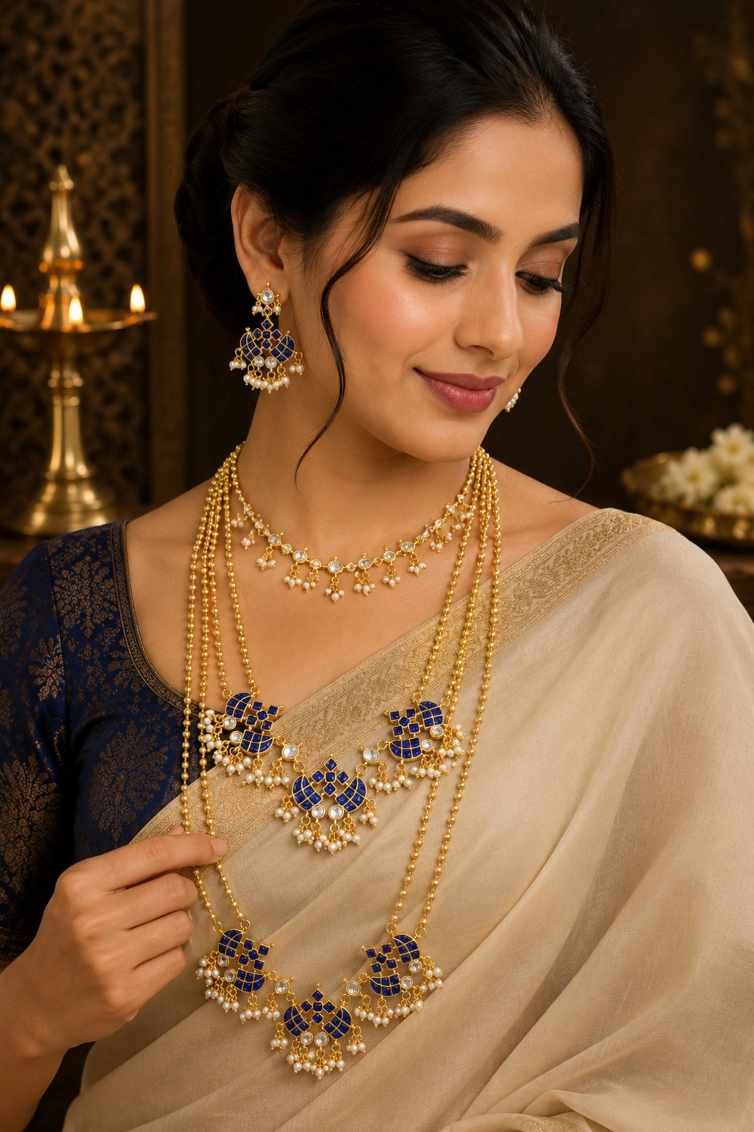 Woman wearing traditional jewelry with a dark background